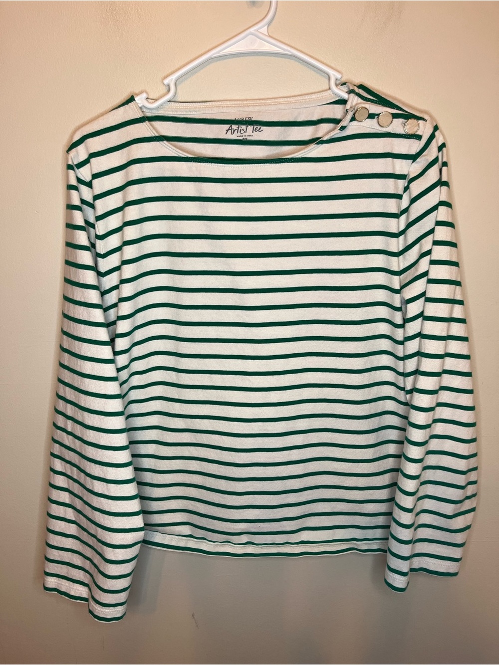 J. Crew Artist Tee Green White Stripe Longsleeve Boatneck Top Size 2X Cotton EUC